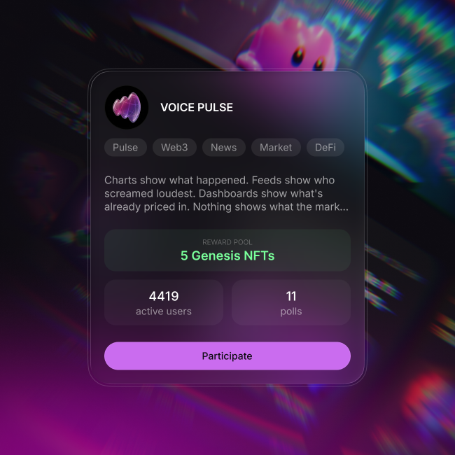 Mobile app interface for 'VOICE PULSE' showing tags for Pulse, Web3, News, Market, DeFi, with 4419 active users and 11 polls, offering 5 Genesis NFTs as a reward.