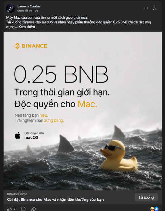 A Binance promotional advertisement in Vietnamese offering '0.25 BNB' as a reward for installing the Binance Mac app, featuring the iconic yellow Binance duck mascot wearing sunglasses floating in the ocean with shark fins nearby.