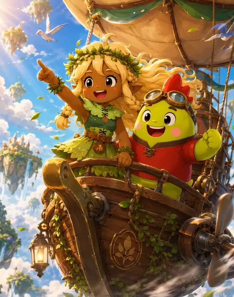 The image shows two cartoon characters - a girl wearing green and a guy with red hair - sitting inside an illustrated boat that is floating above clouds. They appear to be smiling, enjoying their adventure together as they float through space. The background of the scene features other cartoon figures and flying islands which adds to the fantastical nature of the image. The post talking about sleeping goals seems unrelated, possibly adding a humorous touch or contrasting with the more whimsical elements in the image.