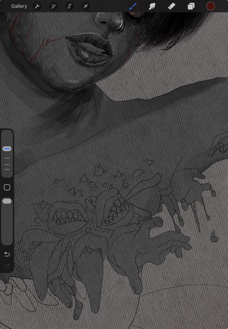 A digital drawing in progress on a tablet, showing a sketch of a face with dark lips and red scratch marks, and floral designs on the torso.