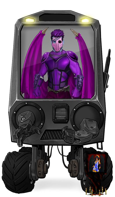 A cartoon-style illustration shows a purple demon/villain character with wings contained inside a robot mech suit with tank treads and an antenna.