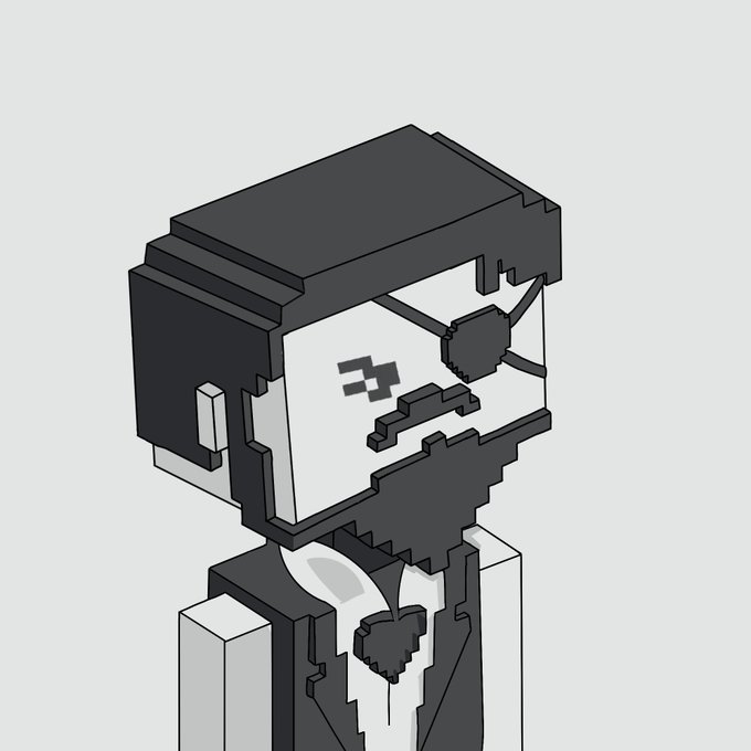 Pixel-art style monochrome illustration of a blocky, mechanical figure with a square head wearing dark sunglasses and a suit.