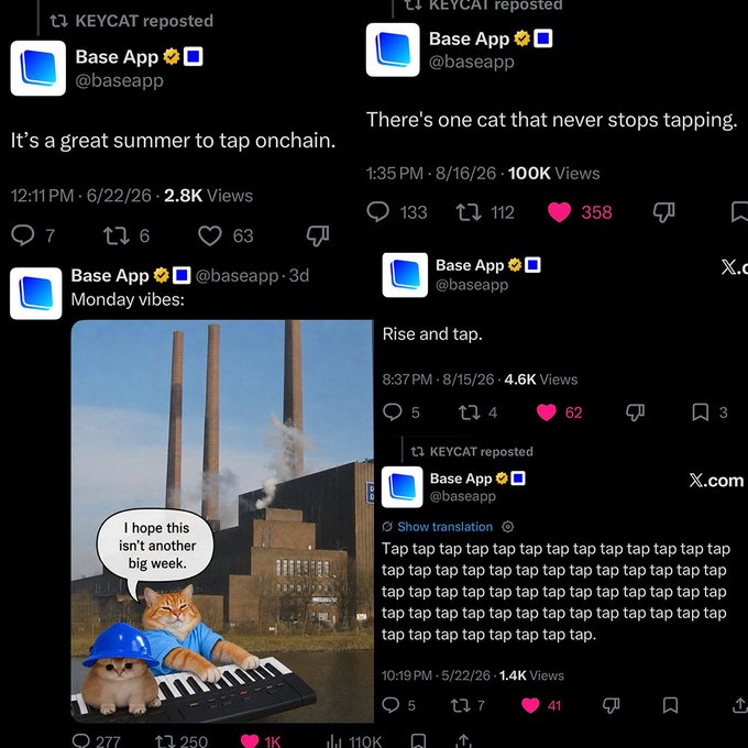 A collage of Twitter/X posts from 'Base App @baseapp' reposted by 'KEYCAT', featuring posts like 'It's a great summer to tap onchain.', a cat meme with 'I hope this isn't another big week.', and 'Tap tap tap tap...' with the memecoin ticker $TAP.