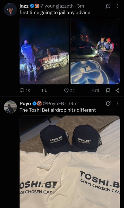 Two tweets are shown: the top from @youngjazzeth shows police officers near a vehicle reading 'first time going to jail any advice', and the bottom from @PoyoEB displays branded Toshi.Bet caps and shirts with the caption 'The Toshi Bet airdrop hits different'.