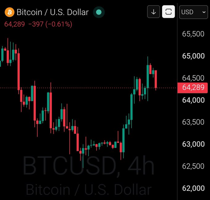 A TradingView-style candlestick chart shows Bitcoin/USD (BTCUSD) on a 4-hour timeframe, currently priced at $64,289, down $397 (-0.61%) — illustrating the "GM" post's price update with recent price action ranging roughly between $62,500 and $65,500.