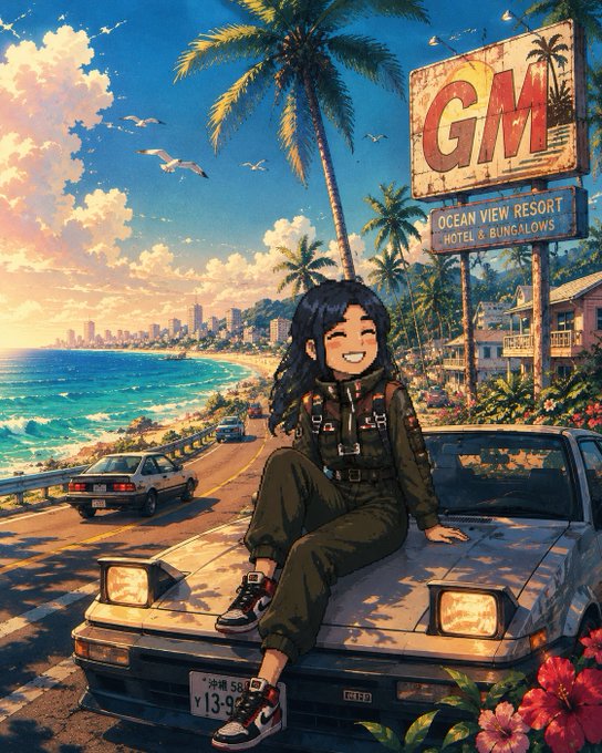 An anime-style illustration shows a smiling girl sitting on a car hood by the ocean, with palm trees and a sign reading "GM OCEAN VIEW RESORT HOTEL & BUNGALOWS" in the background.