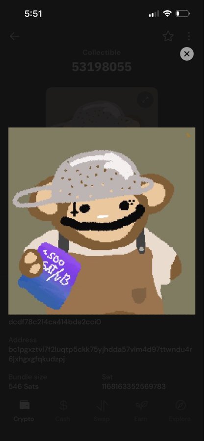Screenshot of a mobile crypto app showing a pixel art NFT of a monkey wearing a hat and overalls holding a 'SATS' sign, listed as Collectible #53198055 with a bundle size of 546 Sats.