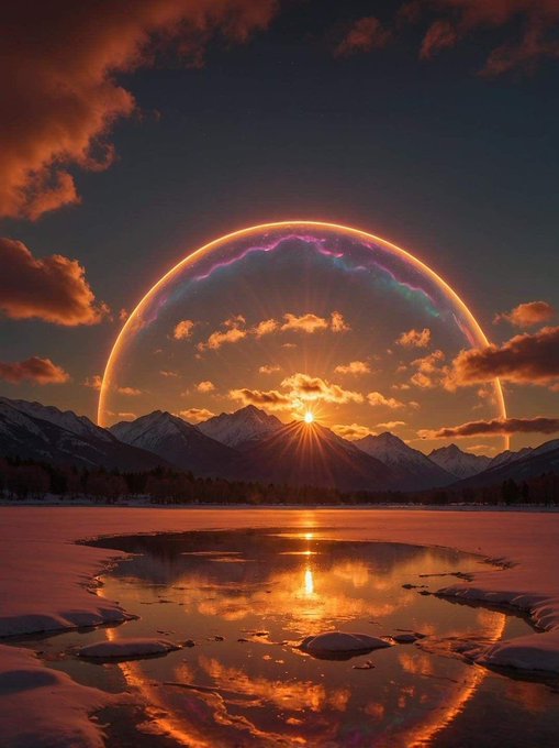 The image features a beautiful sunset over a snowy mountain range, with a large circle of light in the center that appears to be coming from the sun itself. The sky above has a mix of orange and pink hues, creating a stunning backdrop for the scene. In the foreground, there is water reflecting the colors of the sunset, adding depth and dimension to the image.