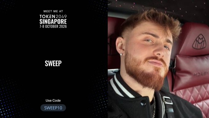 A man with a beard poses in what appears to be a luxury seat or car interior, promoting Token2049 Singapore (7-8 October 2026) with a "Use Code SWEEP10" discount for 10% off tickets. The image complements his post announcing his trip to Token2049 Singapore, leveraging his personal brand "SWEEP" for a referral code.