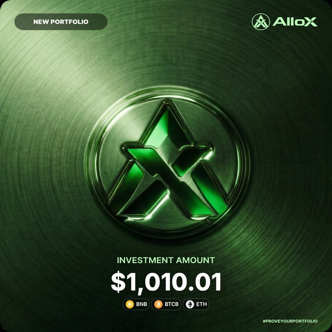 An AlloX promotional graphic showing 'NEW PORTFOLIO' with an investment amount of $1,010.01, accepting BNB, BTCB, and ETH cryptocurrencies, with the hashtag #PROVEYOURPORTFOLIO.