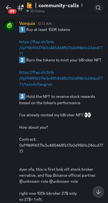 A Discord message from 'Vorquix' in the #community-calls channel, outlining a 3-step process: buy at least 100K tokens, burn tokens to mint a bBroker NFT, and hold the NFT for stock rewards, with contract address 0x1f969f1437fe3c485468fb17b0d9861c24dcd777.