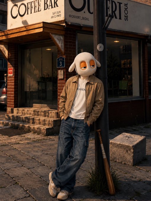 A person wearing a large white cartoon head mask, tan jacket, and baggy jeans leans against a pole in front of a 'COFFEE BAR' in Seoul.