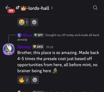 A Telegram chat screenshot from a 'lords-hall' group where a user named Spoozy praises a premint opportunity, saying they 'Made back 4-5 times the presale cost'.