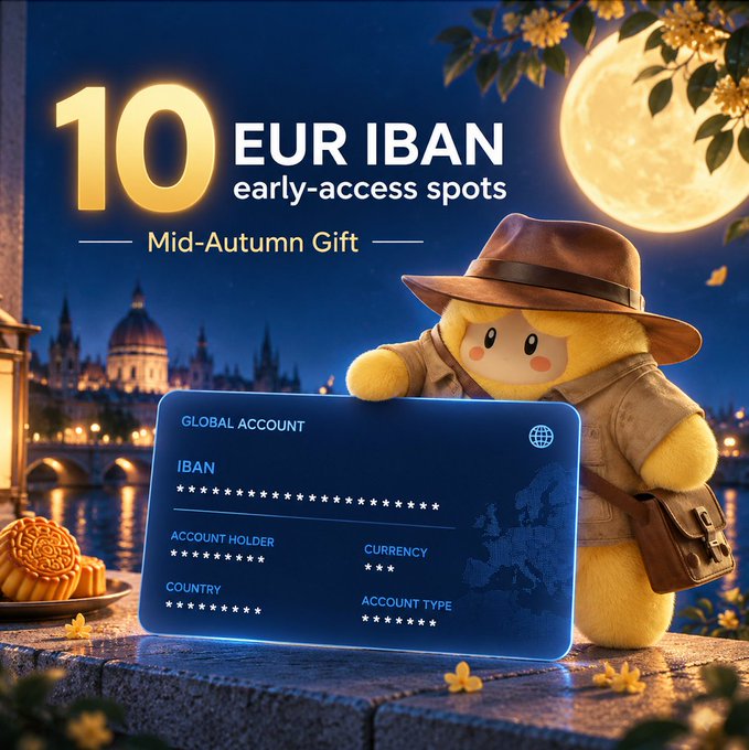 A promotional advertisement for "10 EUR IBAN early-access spots - Mid-Autumn Gift" featuring a yellow plush character in an explorer's outfit holding a "GLOBAL ACCOUNT" card with a European cityscape and full moon backdrop.