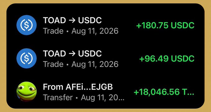 A mobile wallet transaction history displays two TOAD → USDC trades on Aug 11, 2026 yielding +180.75 USDC and +96.49 USDC, along with an incoming transfer of +18,046.56 T... from address AFEi...EJGB—visually confirming the modest crypto profits mentioned in the post about making money from "Begfi."