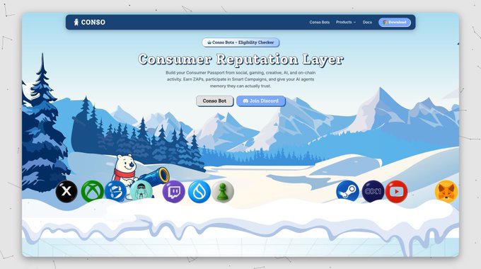 A stylized CONSO website page titled “Consumer Reputation Layer” displays a snowy mountain landscape with social platform icons and buttons for “Conso Bot” and “Join Discord.” It visually supports the accompanying post’s discussion of CONSO’s growing Sui-based ecosystem and integrations such as Walrus, SuiNS, and SuiBall.