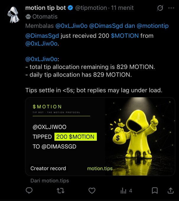 A tweet from @tipmotion shows that user @0xLJiw0o successfully sent a 200 $MOTION tip to @DimasSgd via the Motion Protocol bot, with 829 MOTION remaining in their daily tip allocation. The image illustrates the successful tip transaction that the accompanying post is advising others how to replicate, demonstrating the proper use of the @tipmotion bot to send tips without issues.
