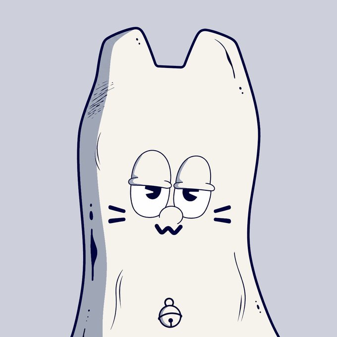 A cartoon illustration of a white cat-like character with a droopy, unamused expression, half-closed eyes, whiskers, and a small bell around its neck, set against a light gray background.