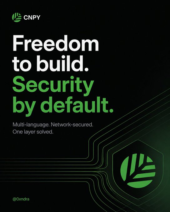 A CNPY promotional poster with the text 'Freedom to build. Security by default.' and 'Multi-language. Network-secured. One layer solved.' credited to @0xndra, featuring a green leaf logo.