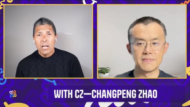 A split-screen video call featuring two men, with the text "WITH CZ—CHANGPENG ZHAO" displayed at the bottom on a blue patterned background.