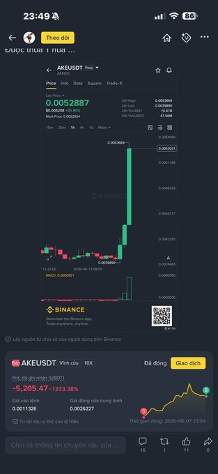 A Binance mobile app screenshot showing the AKEUSDT trading pair with a current price of 0.0052887 and a dramatic candlestick chart indicating a -5,205.47% loss, displayed in Vietnamese language.