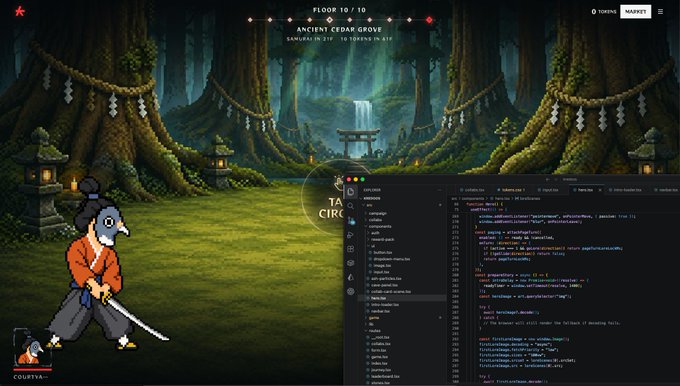 A video game scene titled 'Ancient Cedar Grove' with floor 10/10 shows an anime-style character alongside an open developer console displaying code.
