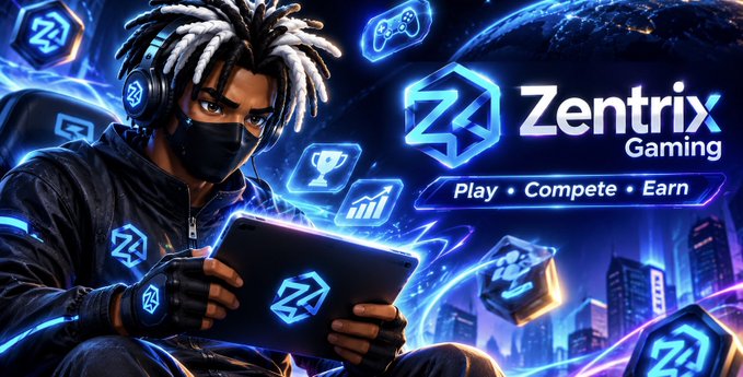 A vibrant promotional banner for 'Zentrix Gaming' featuring an anime-style gamer with dreadlocks and a face mask holding a tablet, with the tagline 'Play • Compete • Earn' displayed alongside gaming-themed icons.