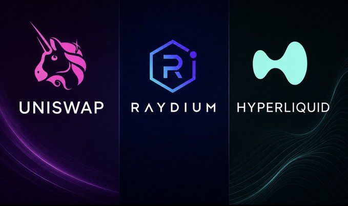Three cryptocurrency/platform logos displayed side by side on dark backgrounds: UNISWAP (pink unicorn), RAYDIUM (blue hexagonal 'R'), and HYPERLIQUID (teal H shape).