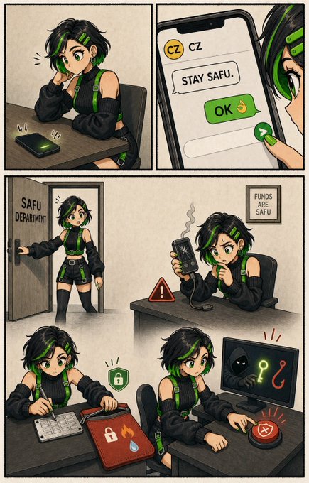 The comic shows a green-haired character in a "SAFU DEPARTMENT" working through security steps—from receiving a "STAY SAFU. OK" text message, to entering the SAFU department, to verifying "FUNDS ARE SAFU," unlocking a red briefcase, and finally being greeted by a hooded hacker on a monitor alongside a red emergency button—illustrating that "Stay SAFU" (the crypto slang meaning assets are secure) is the only essential protection needed.