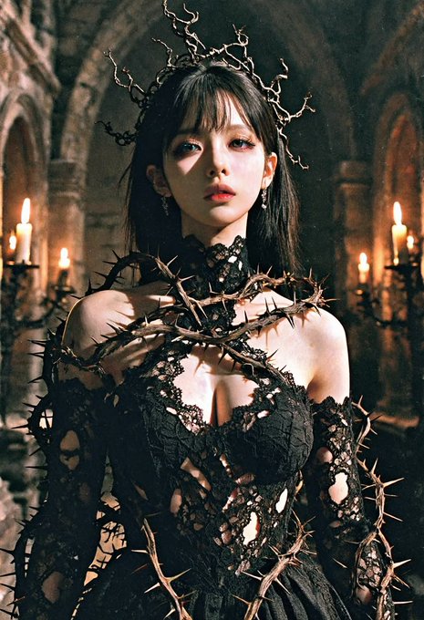 A digital artwork or cosplay photo of an Asian woman wearing an elaborate thorny black crown and a matching black lace gown entwined with vines and thorns, set in a dimly lit gothic interior with lit candles.