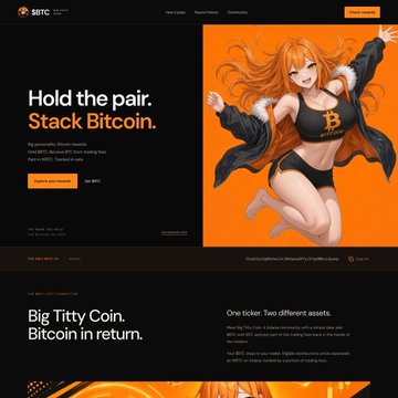 A website screenshot for 'SBTC' featuring an anime-style illustration of a woman in Bitcoin-themed lingerie, with the headline 'Hold the pair. Stack Bitcoin.' and 'Big Titty Coin. Bitcoin in return.'