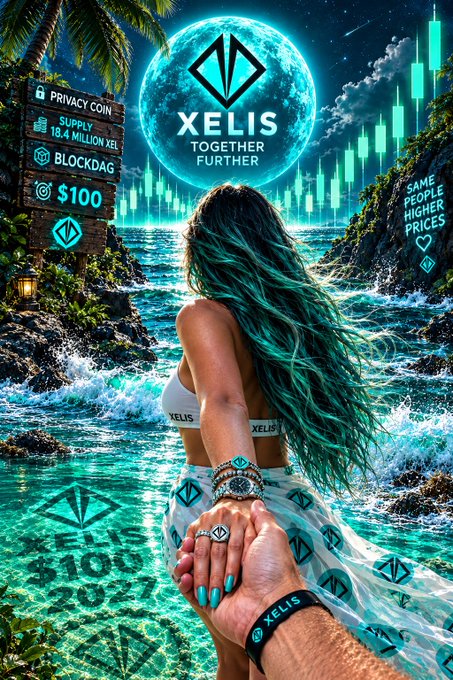 A vibrant crypto advertisement features a woman with teal hair holding hands with the viewer, promoting "XELIS" with text including "PRIVACY COIN," "BLOCKDAG," "$100," and "SAME PEOPLE HIGHER PRICES."