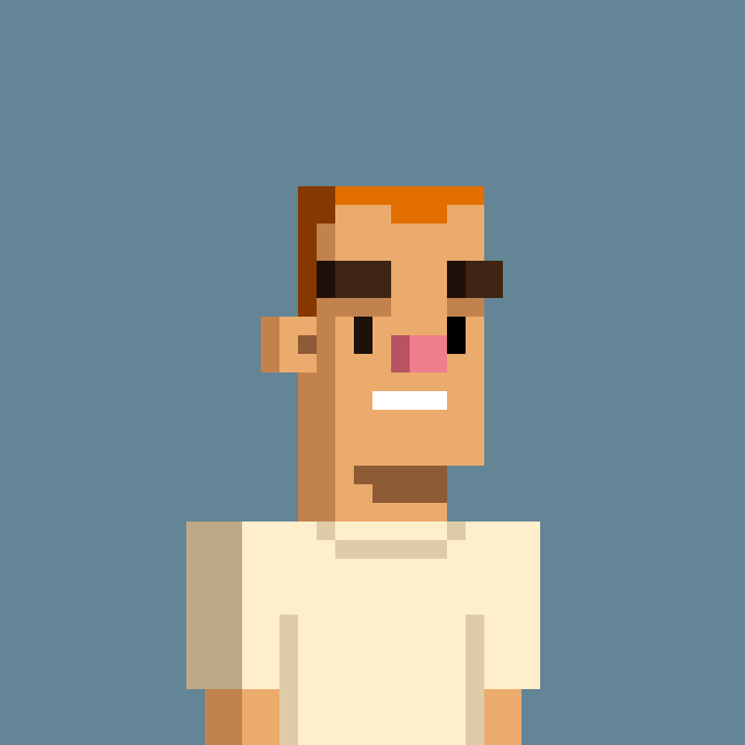 A pixel art portrait of a man with brown hair, dark sunglasses, a pink nose, and a white shirt against a solid gray-blue background.