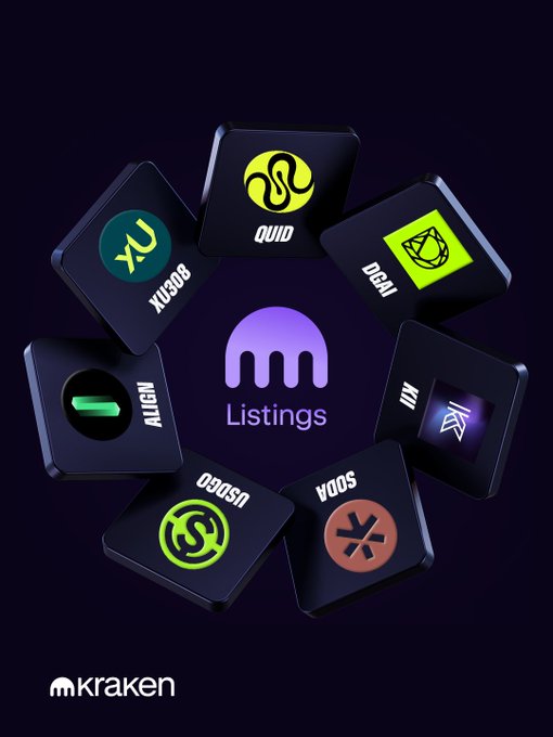 A promotional graphic from Kraken displaying various cryptocurrency tokens (XU30G, QUID, DOGAI, ALIEN, 15050, S00A, NK) arranged around a central 'Listings' icon.