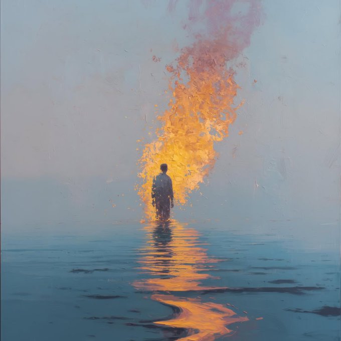The image features a man standing alone at the edge of a body of water, with his back facing the viewer. The water appears to be calm, reflecting the surrounding environment. There are no other people or objects visible in the scene. The painting is done in an impressionistic style, which emphasizes the overall mood and atmosphere rather than focusing on minute details.
