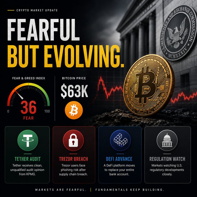 A 'CRYPTO MARKET UPDATE' infographic titled 'FEARFUL BUT EVOLVING' showing a Fear & Greed Index of 36, Bitcoin price at $63K, and sections on Tether Audit, Trezor Breach, DeFi Advance, and Regulation Watch.