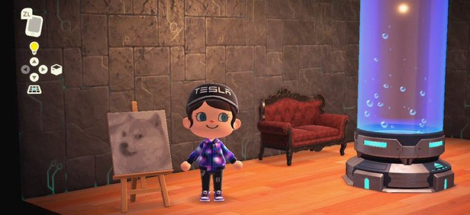 A video game character wearing a 'TESLA' cap and plaid shirt standing next to a Dogecoin painting on an easel and a glowing capsule.