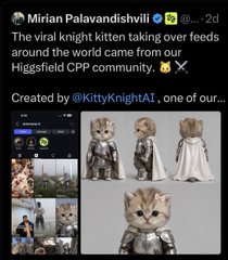 A post by Miriam Palavandishvili showing a viral knight kitten from the Higgsfield CPP community, created by @KittyKnightAI, depicting a kitten dressed in medieval armor.