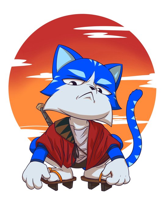 An illustration of a blue cartoon cat character with a stern expression, wearing a red kimono-like garment and traditional Japanese sandals, set against an orange sun background with white cloud streaks.