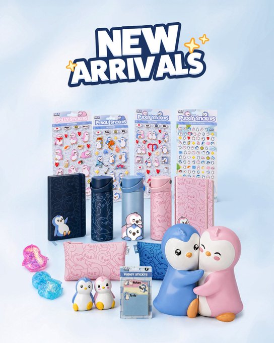 A "New Arrivals" promotional image displaying various Pudgey Sticker merchandise, including sticker sheets, water bottles, notebooks, gummy candies, and figurines of blue and pink penguin characters.