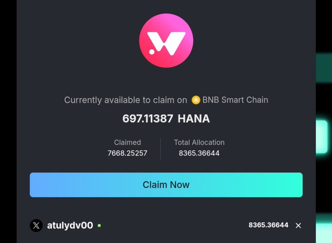 Crypto claim interface showing '697.11387 HANA' available to claim on BNB Smart Chain, with 7668.25257 claimed out of 8365.36644 total allocation, and a green 'Claim Now' button.