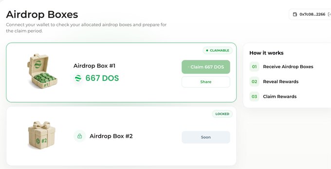 A screenshot of an 'Airdrop Boxes' interface showing Airdrop Box #1 as 'CLAIMABLE' with 667 DOS reward and Airdrop Box #2 as 'LOCKED', alongside a 'How it works' three-step guide.