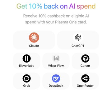 The image shows a promotional poster for a rewards program offered by Plasma One. The poster features various logos representing different models of Plasma One cards, including a Plasma One Debit Card and a Plasma One Cash Back card. The text on the poster encourages users to sign up for these rewards programs in order to receive cash back or discounts on their AI spend.