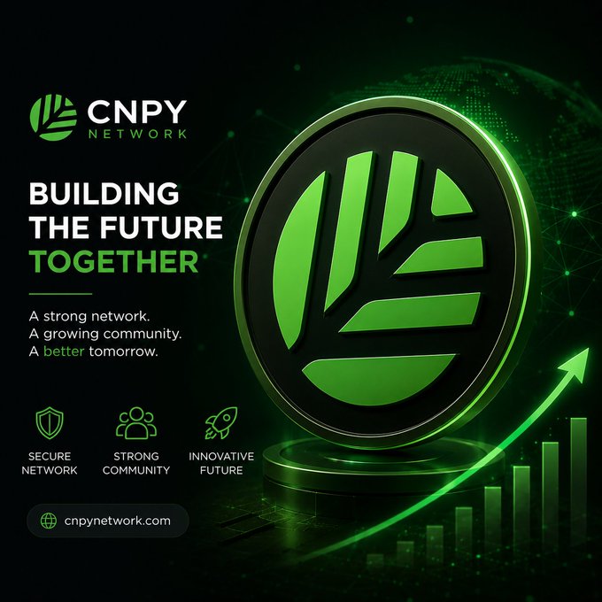 A green-themed promotional graphic for "CNPY NETWORK" with the tagline "BUILDING THE FUTURE TOGETHER", featuring a 3D coin with leaf logo, icons for "SECURE NETWORK", "STRONG COMMUNITY", and "INNOVATIVE FUTURE", and the website "cnpynetwork.com".