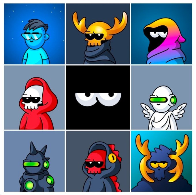 A 3x3 grid of colorful cartoon characters including a blue person with sunglasses, a yellow horned skull figure, a rainbow-cloaked figure, a red hooded grim reaper, a pair of cartoon eyes, a winged figure with green visor, and other stylized characters.