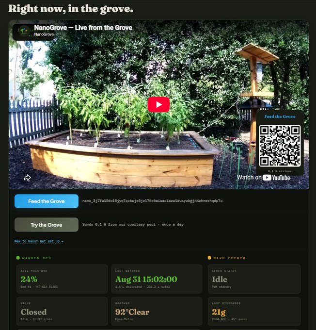 A live-streaming dashboard called 'NanoGrove - Live from the Grove' showing a backyard garden bed and bird feeder with live stats including 24% soil moisture and an 'Idle' servo status, featuring a 'Feed the Grove' donation option.