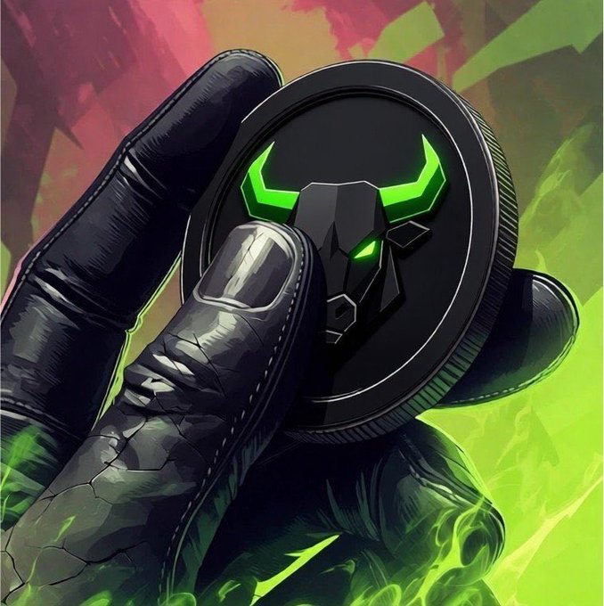 A gloved hand holds up a black coin featuring a green-horned bull emblem, which represents the $ANSEM token mentioned in the giveaway post. The token's symbol serves as the centerpiece of the promotional image, matching the cryptocurrency being offered to winners.