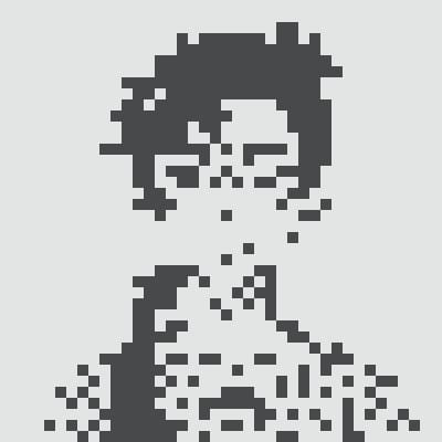 A minimalist pixel-art portrait of a figure with flowing hair, rendered in dark gray blocks on a light gray background.