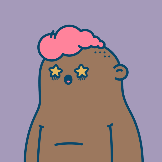 A simple cartoon illustration of a brown-skinned character with pink brain-like hair and star-shaped eyes on a light purple background.