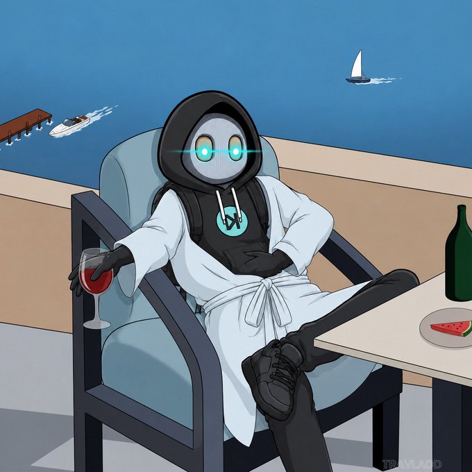 A robotic figure in a hoodie relaxes in a lounge chair holding a glass of red wine, with a plate of watermelon, a green bottle, and an ocean view featuring a sailboat and pier in the background. The image's luxurious leisure setting visually complements the post's casual tone about wagering $300, evoking a sense of confident, carefree gambling enjoyment.